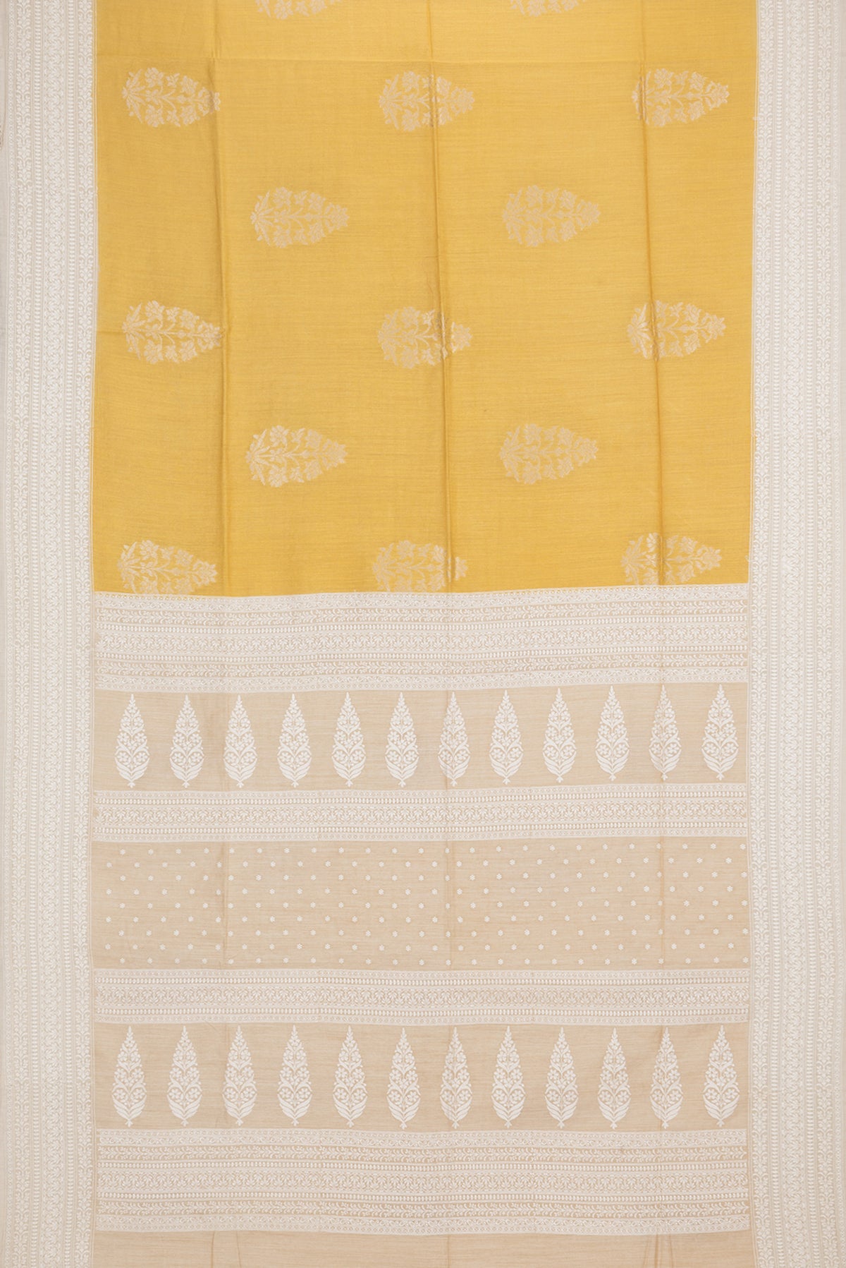 Flat view of Pure Silk Yellow Tussar Saree with Zari Butta on the body and Embroidered Border. 