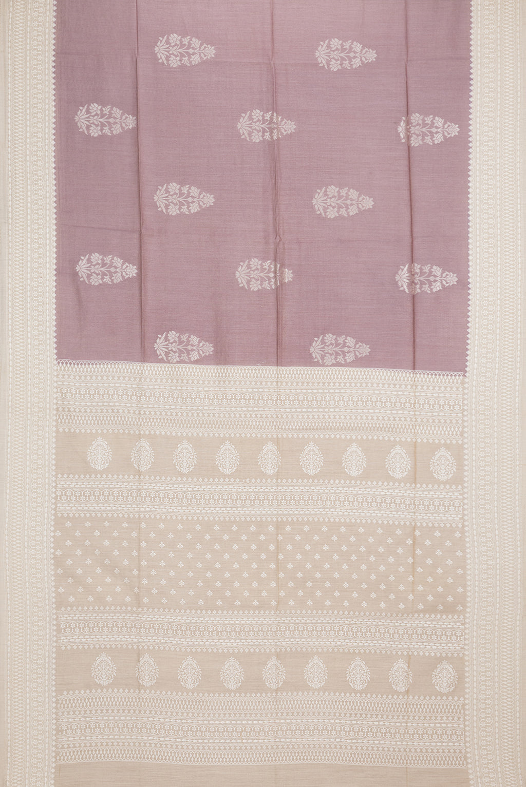 Flat view of Pure Silk Rose Gold Dual Tone Tussar Saree with Zari Butta on the body and Embroidered Border. 