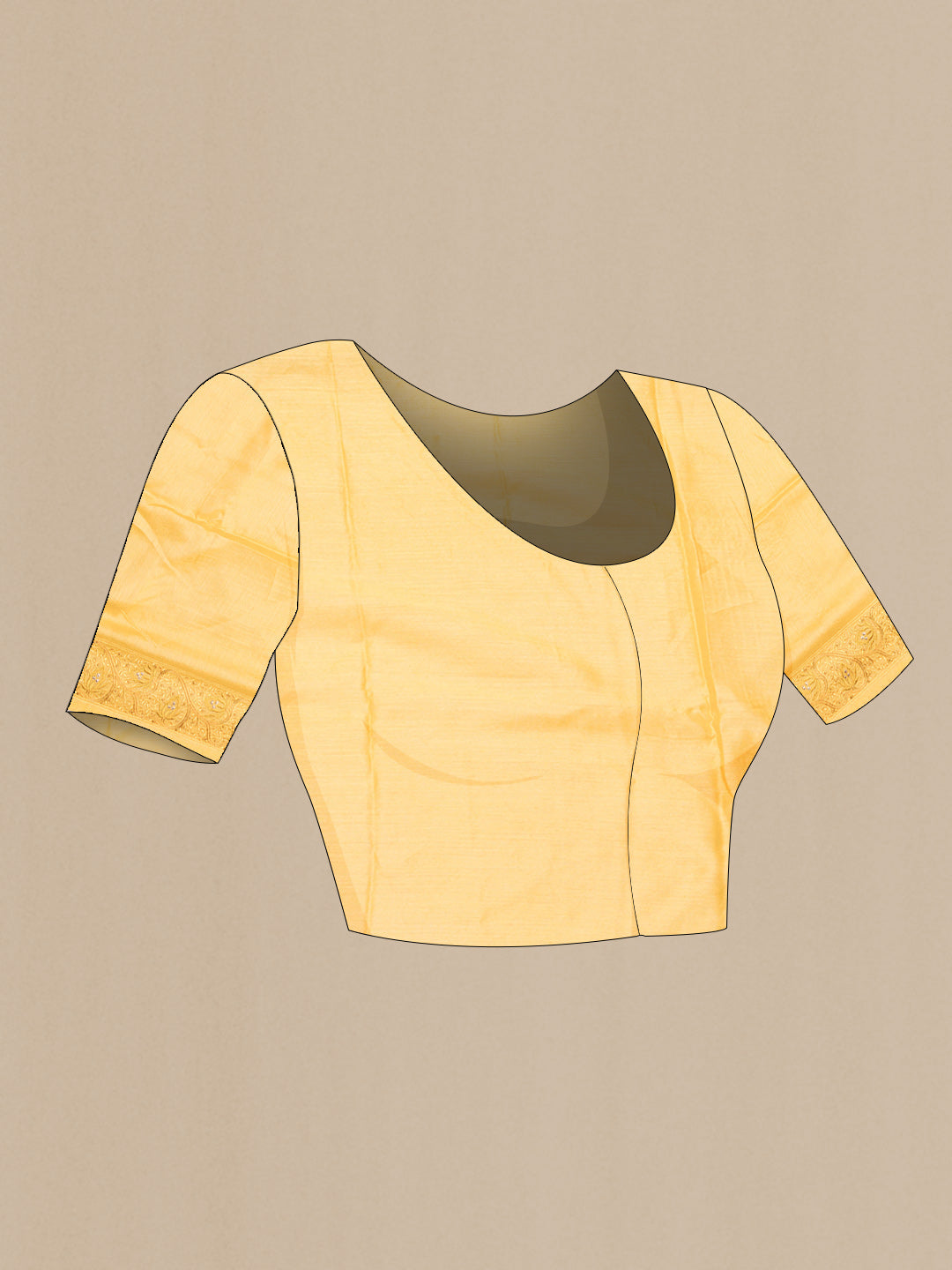 Close up image of the blouse of Yellow Tussar Saree with Embroidered on the body and Embroidered Border. 
