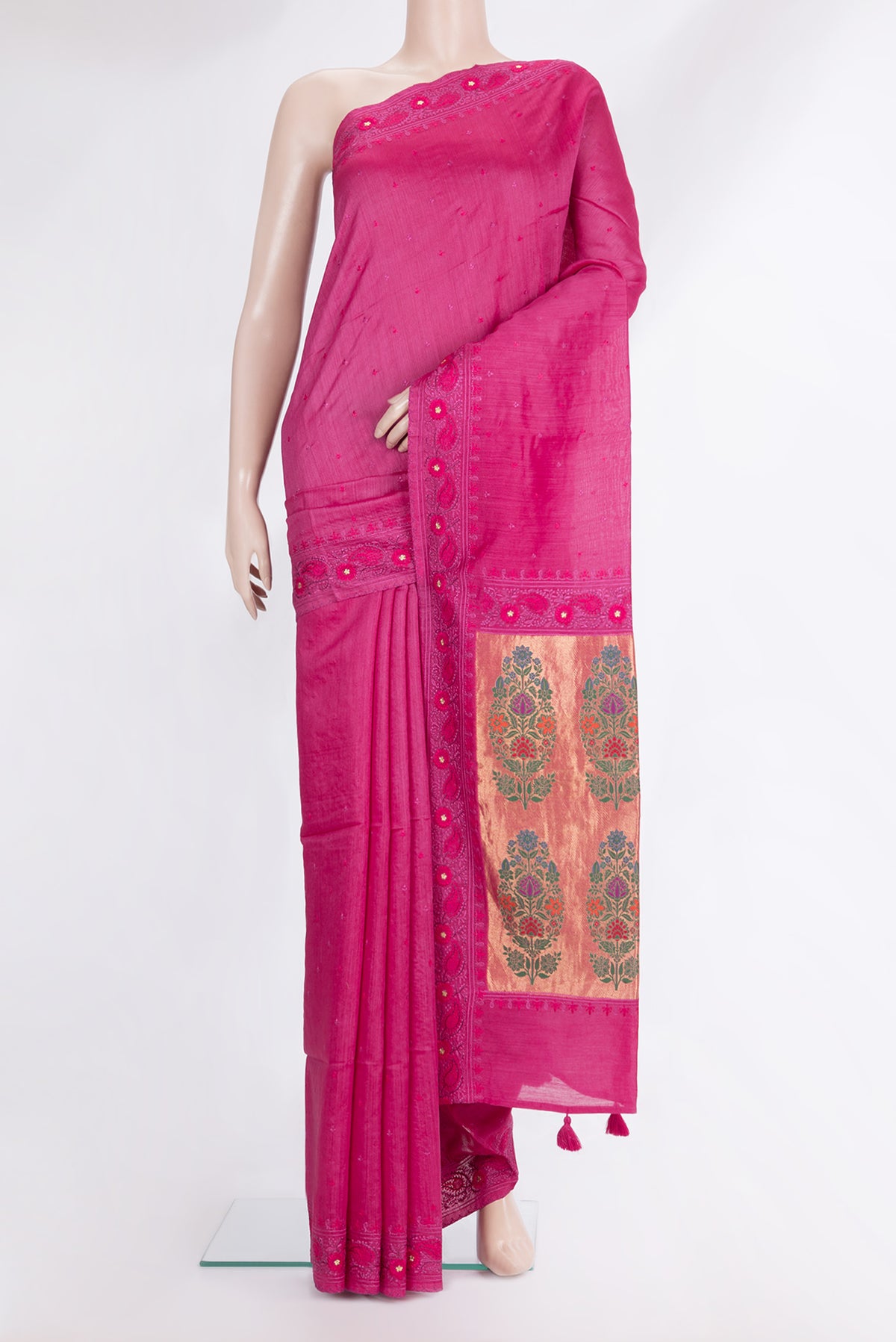 Pure Silk Dark Pink Tussar Saree with Embroidered on the body and Embroidered Border.  displayed on a mannequin
