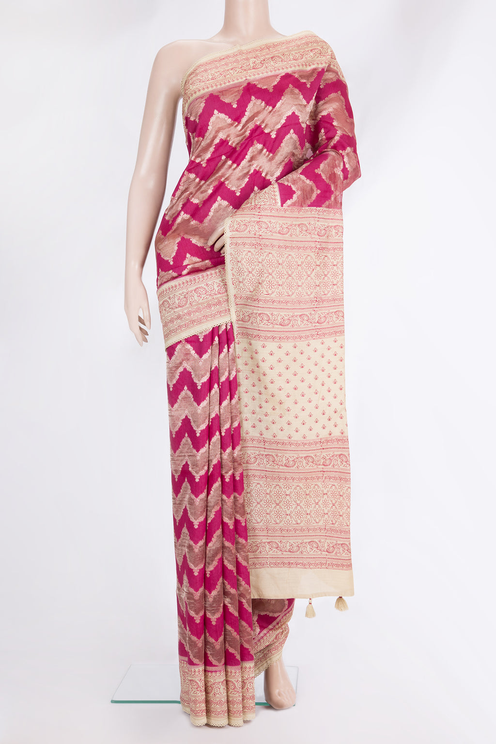 Pure Silk Dark Pink Dual Tone Tussar Saree with Zari Brocade on the body and Embroidered Border.  displayed on a mannequin