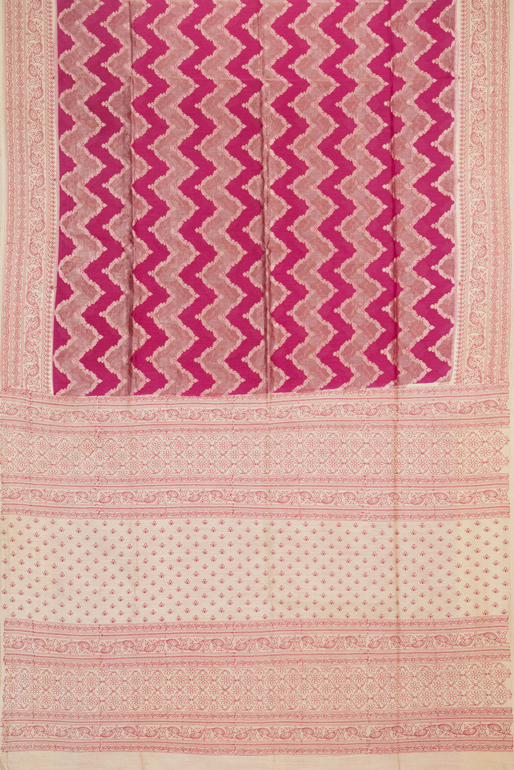 Flat view of Pure Silk Dark Pink Dual Tone Tussar Saree with Zari Brocade on the body and Embroidered Border. 