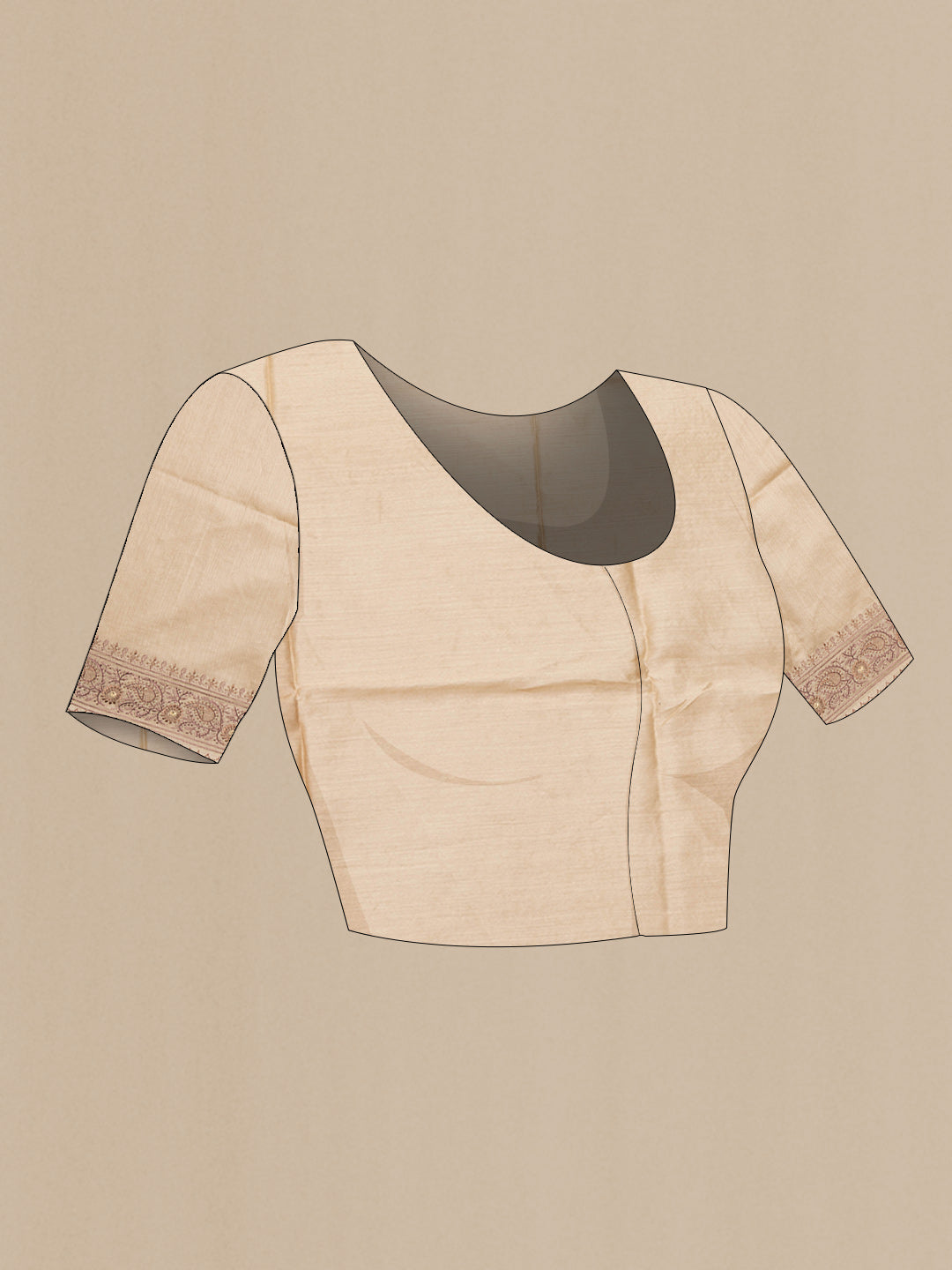 Close up image of the blouse of Pure Silk Sandal Tussar Saree with Embroidered on the body and Embroidered Border. 