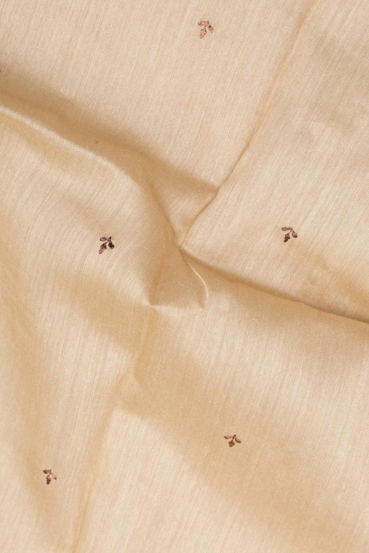 Close up of Pure Silk Sandal Tussar Saree with Embroidered on the body and Embroidered Border.  displaying folds