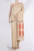 Pure Silk Sandal Tussar Saree with Embroidered on the body and Embroidered Border.  displayed on a mannequin