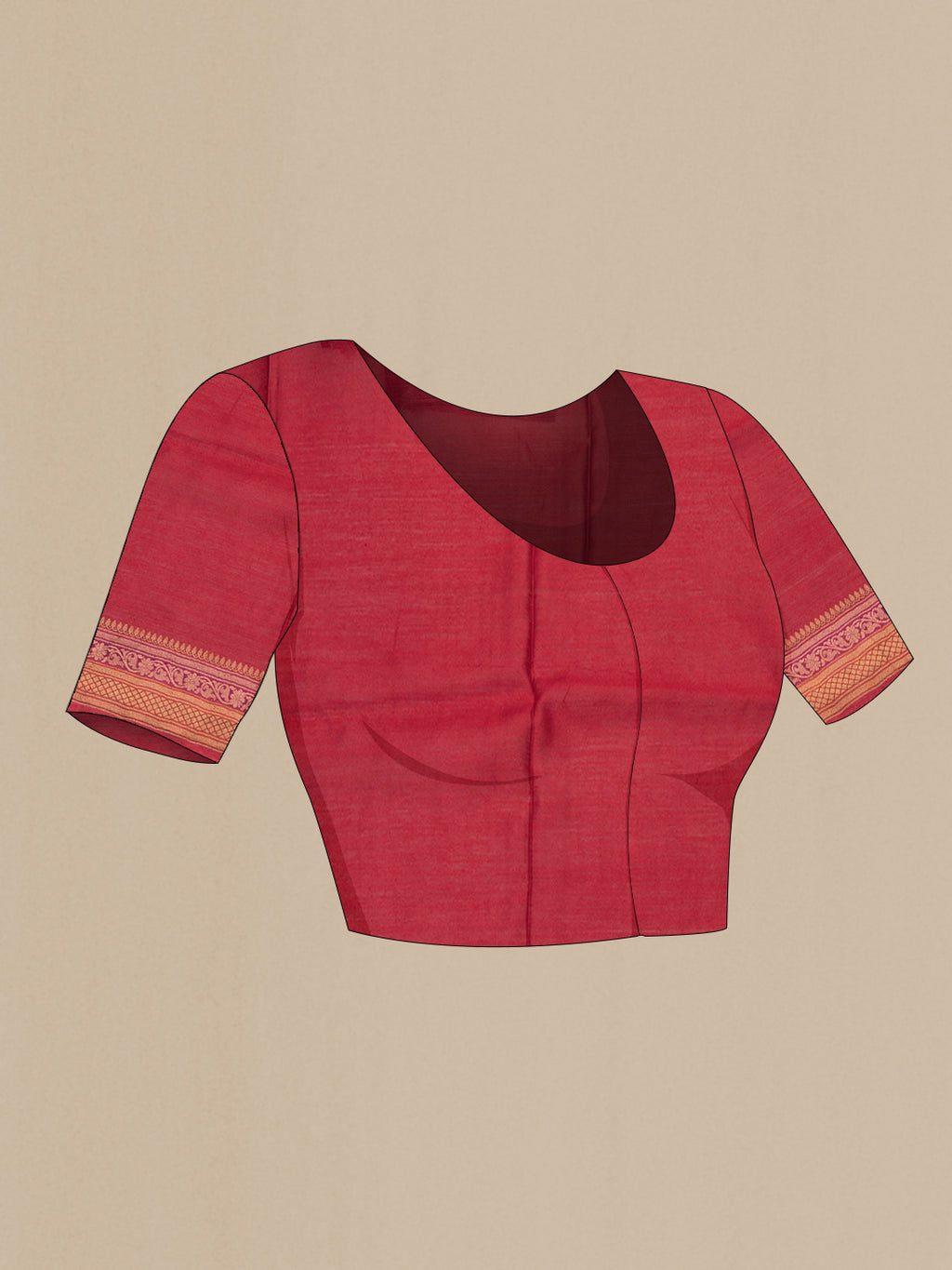 Close up image of the blouse of Pure Silk Mauve Tussar Saree with Zari Brocade on the body and Embroidered Border. 