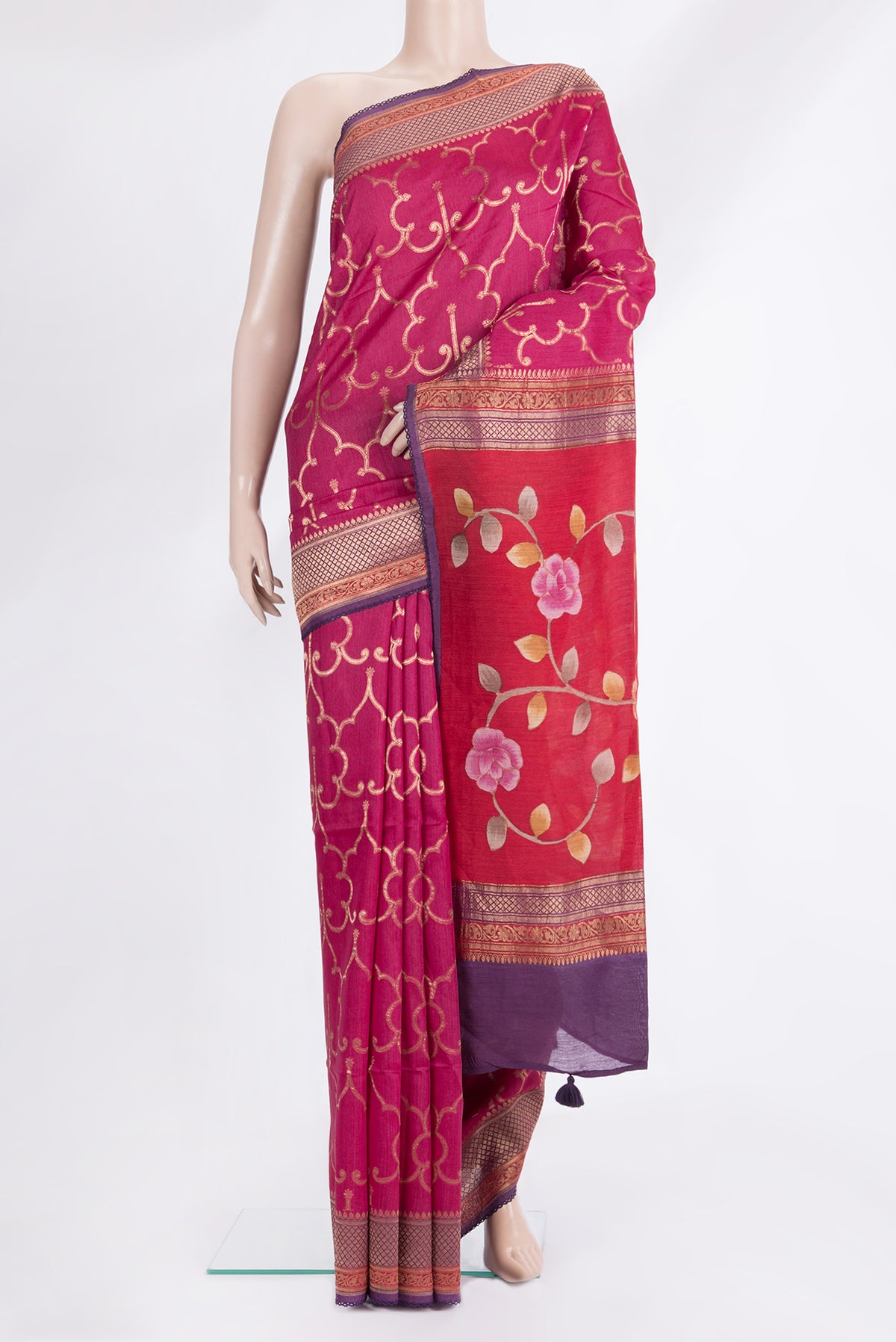Dark Pink Tussar Saree with Zari Brocade on the body and Embroidered Border.  displayed on a mannequin