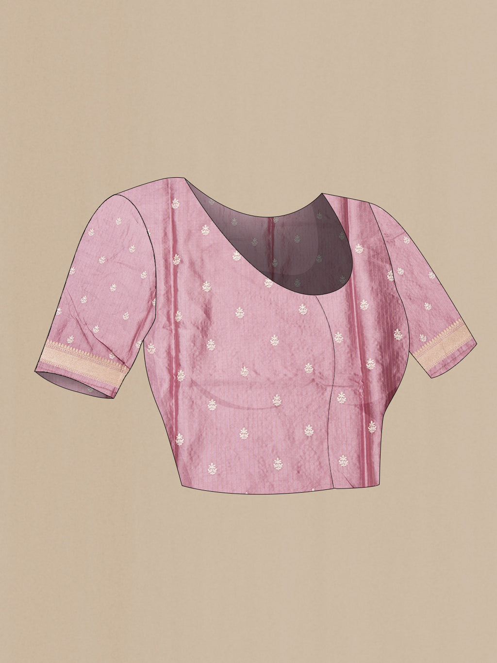 Close up image of the blouse of Pure Silk Rose Gold Tussar Saree with Checked design on the body and Embroidered Border. 