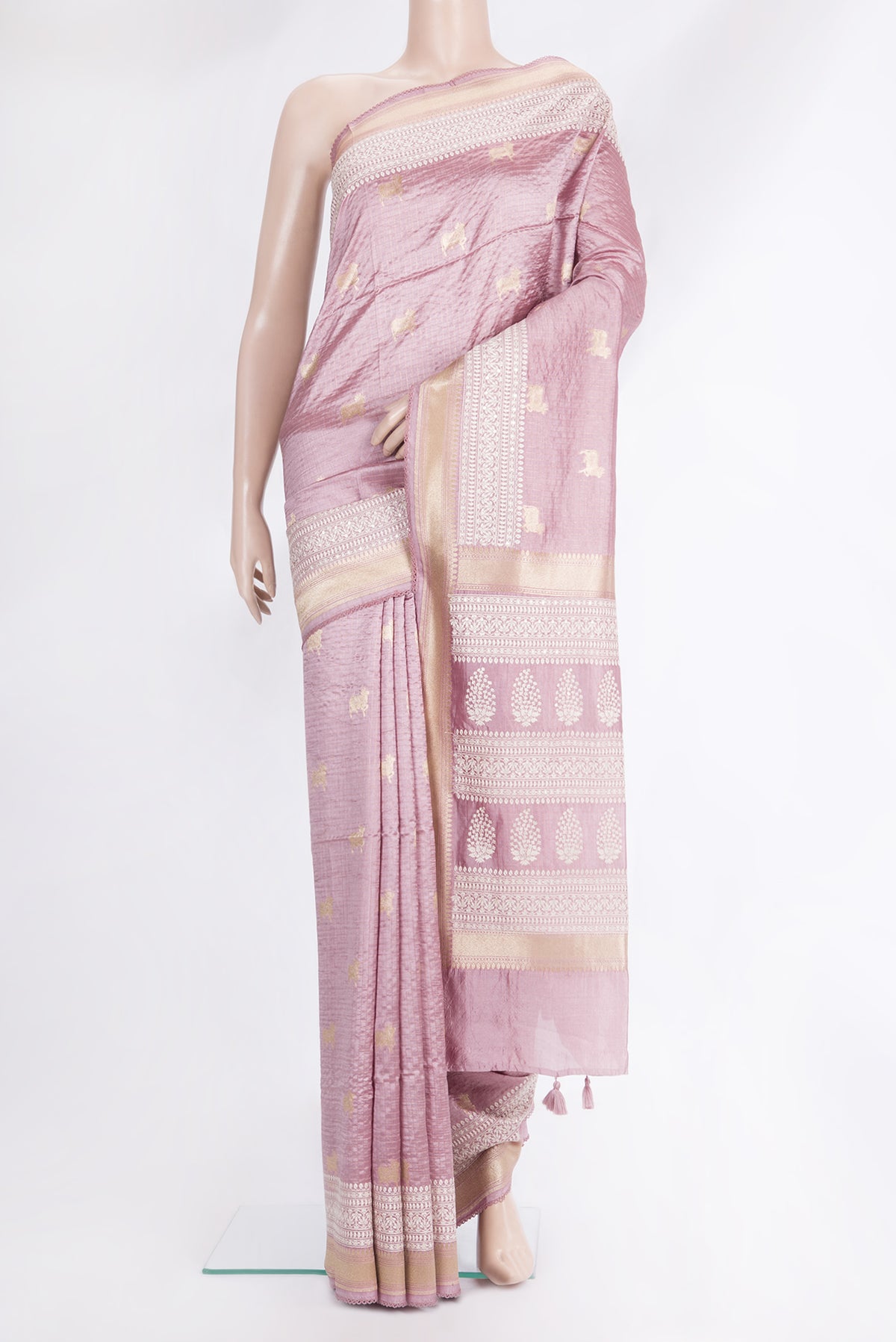 Pure Silk Rose Gold Tussar Saree with Checked design on the body and Embroidered Border.  displayed on a mannequin