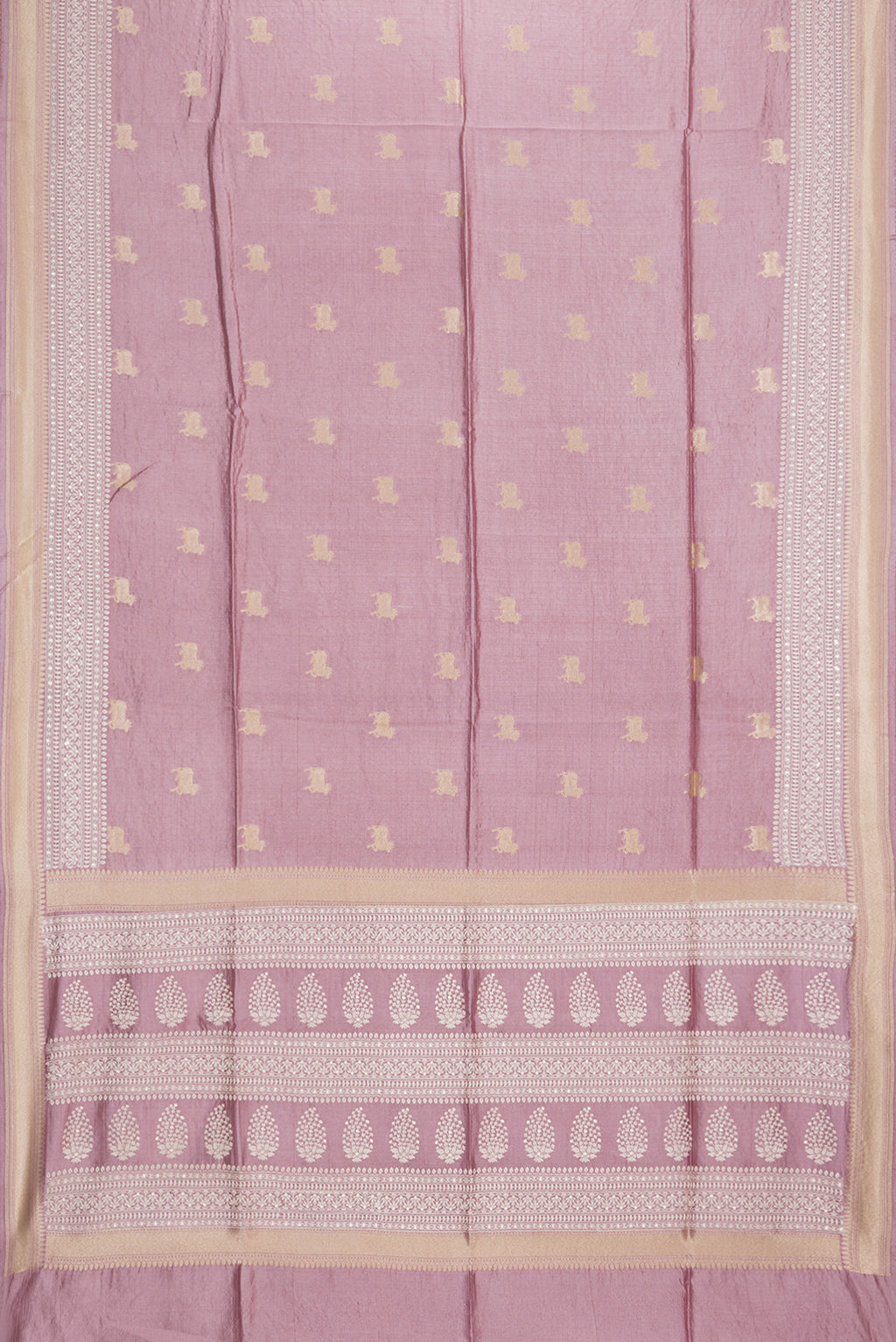 Flat view of Pure Silk Rose Gold Tussar Saree with Checked design on the body and Embroidered Border. 