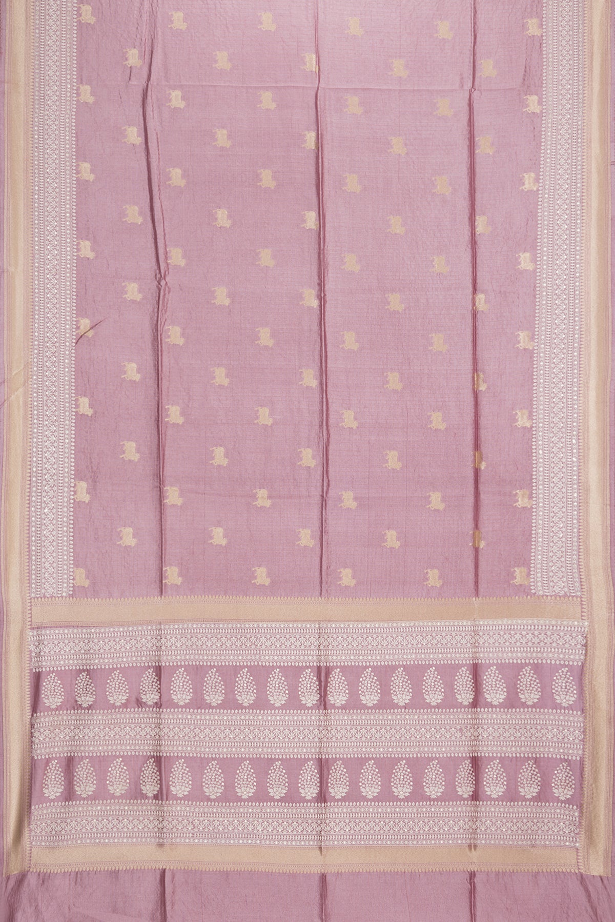Flat view of Pure Silk Rose Gold Tussar Saree with Checked design on the body and Embroidered Border. 