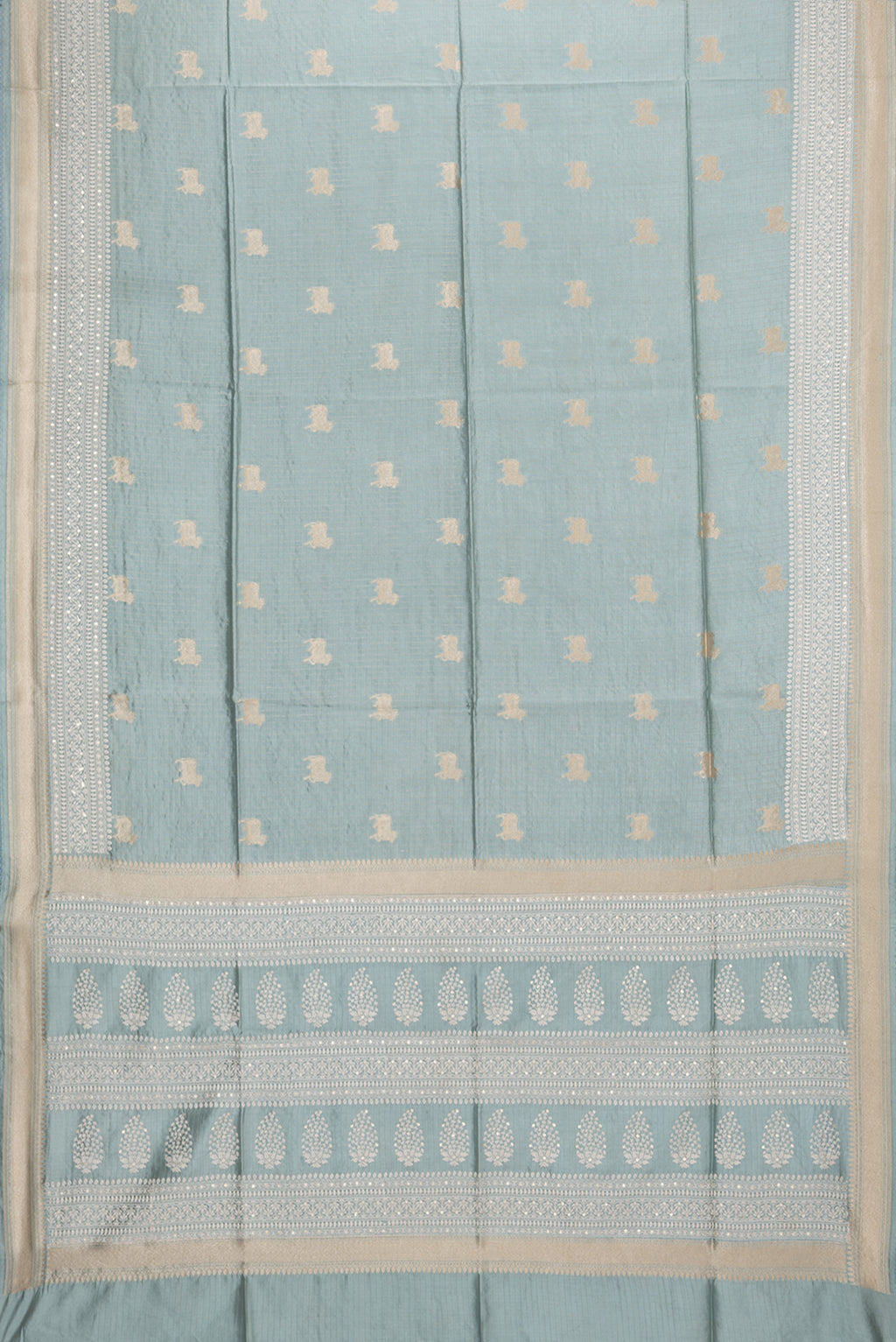 Flat view of Pure Silk Light Blue Tussar Saree with Checked design on the body and Embroidered Border. 