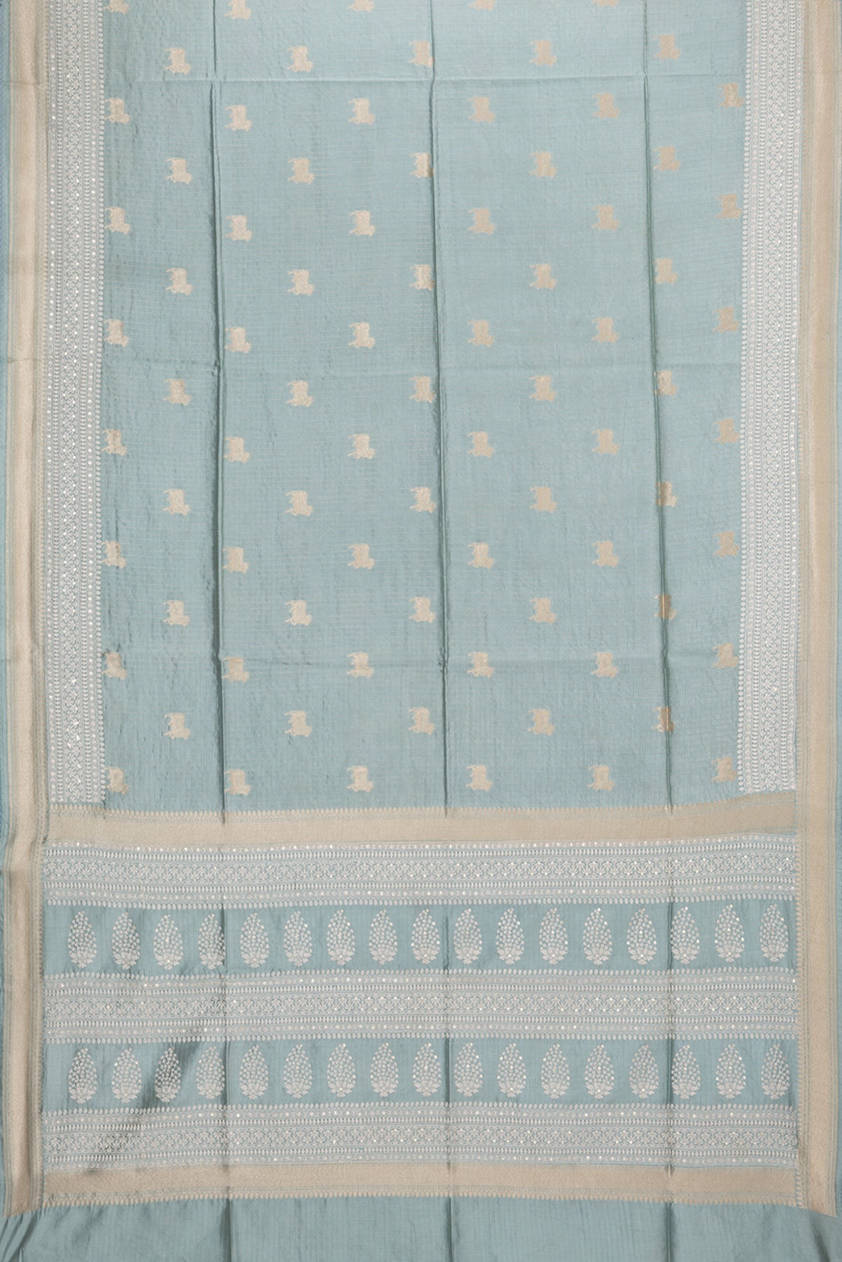 Flat view of Pure Silk Light Blue Tussar Saree with Checked design on the body and Embroidered Border. 
