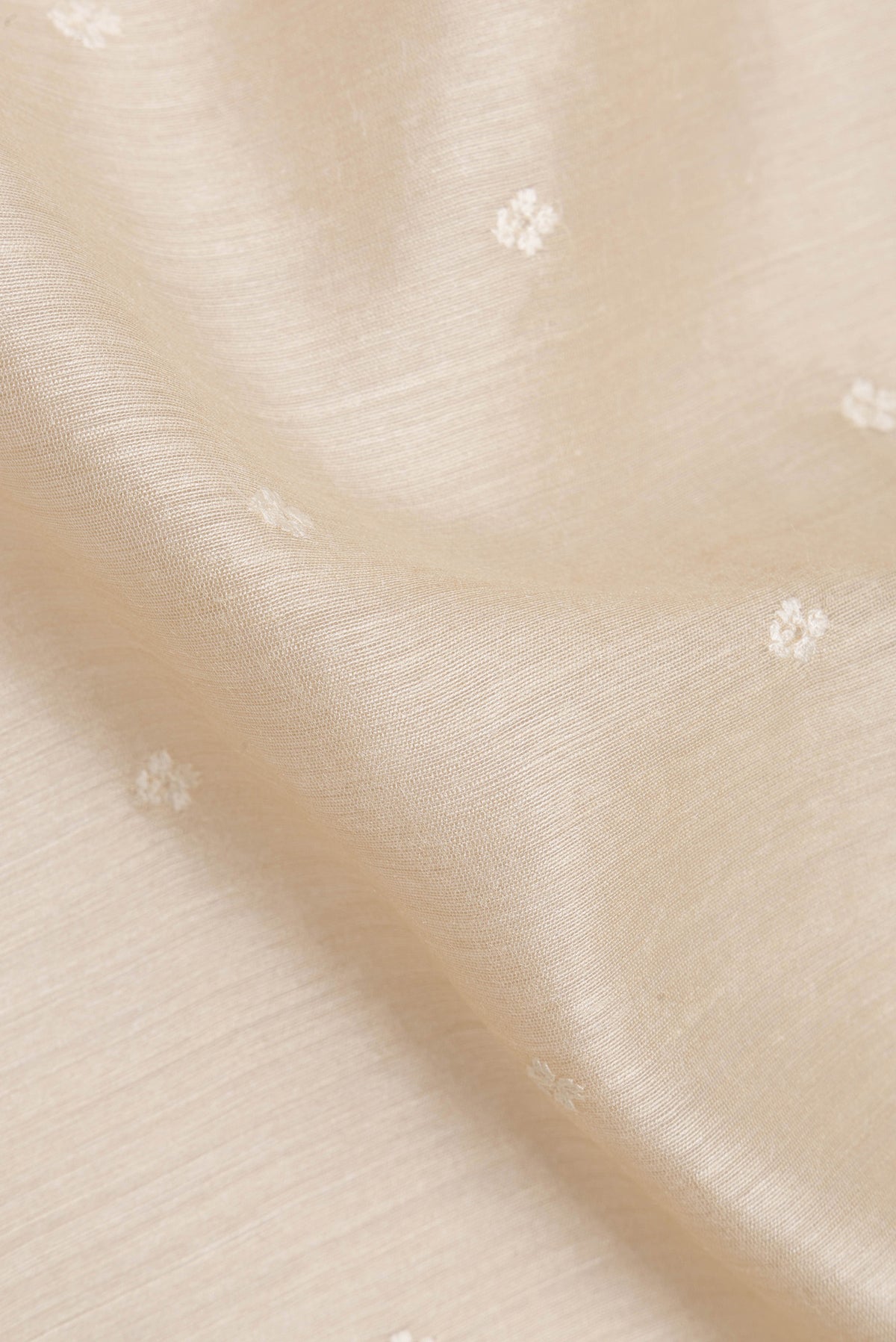 Close up of Cream Tussar Saree with Embroidered on the body and Embroidered Border.  displaying folds
