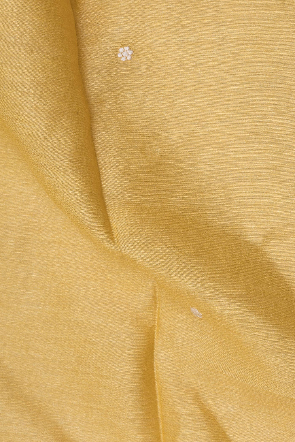 Close up of Yellow Tussar Saree with Embroidered on the body and Embroidered Border.  displaying folds