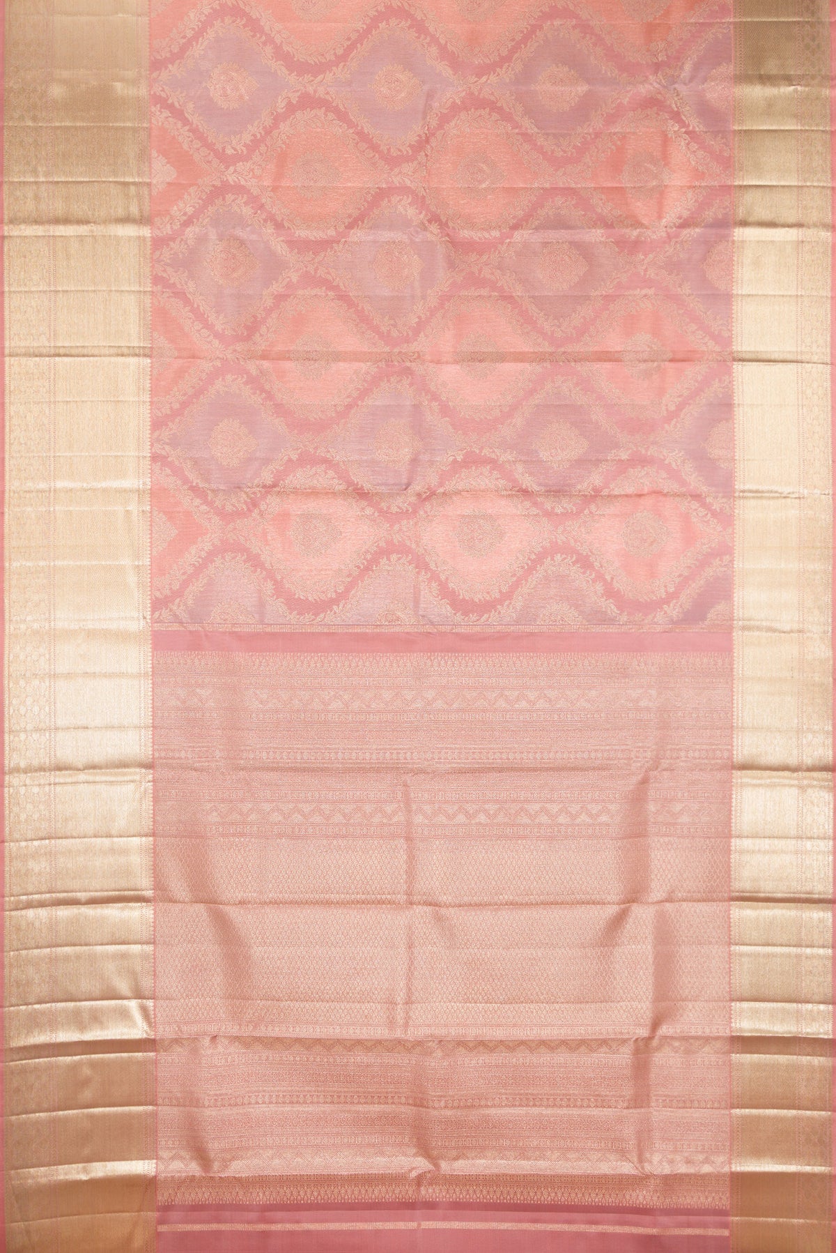 Flat view of Pure Silk Rose Gold Dual Tone Kanjivaram Saree with Zari Brocade on the body and Zari Border. 