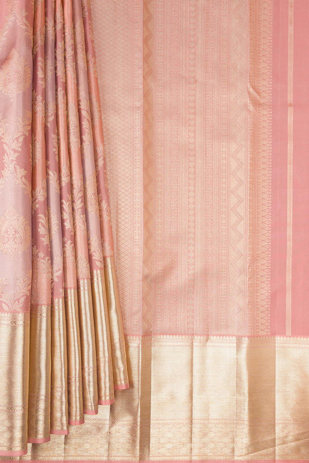 Pleats and pallu of Pure Silk Rose Gold Dual Tone Kanjivaram Saree with Zari Brocade on the body and Zari Border. 