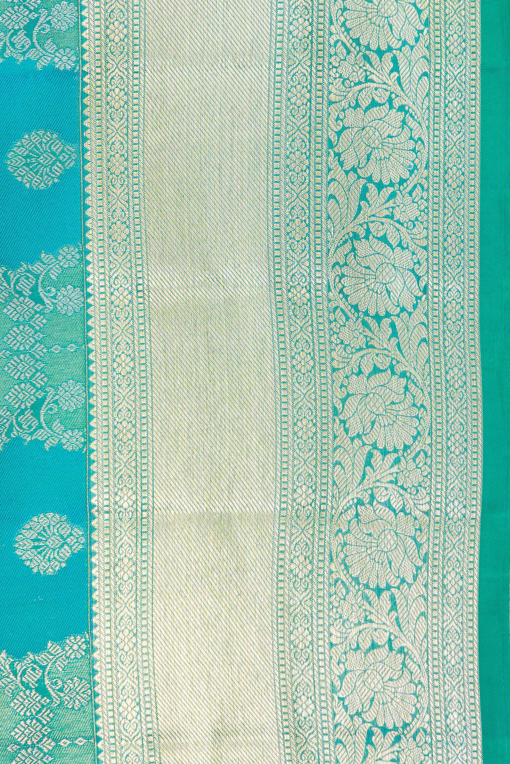 Border image of Pure Silk Sea Green and Peacock Blue Color Kanjivaram Saree with Zari Brocade on the body and Zari Border. 