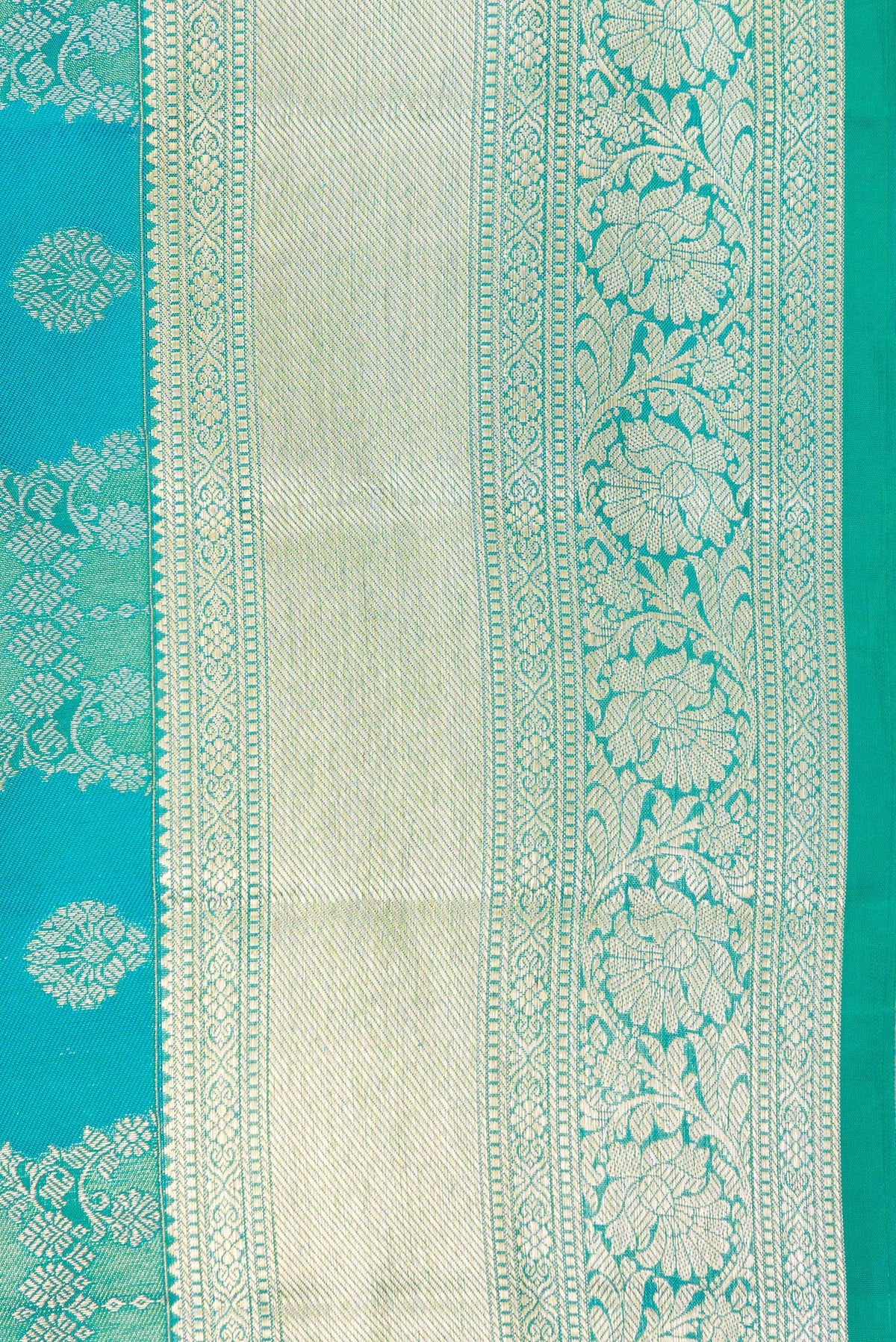 Border image of Pure Silk Sea Green and Peacock Blue Color Kanjivaram Saree with Zari Brocade on the body and Zari Border. 