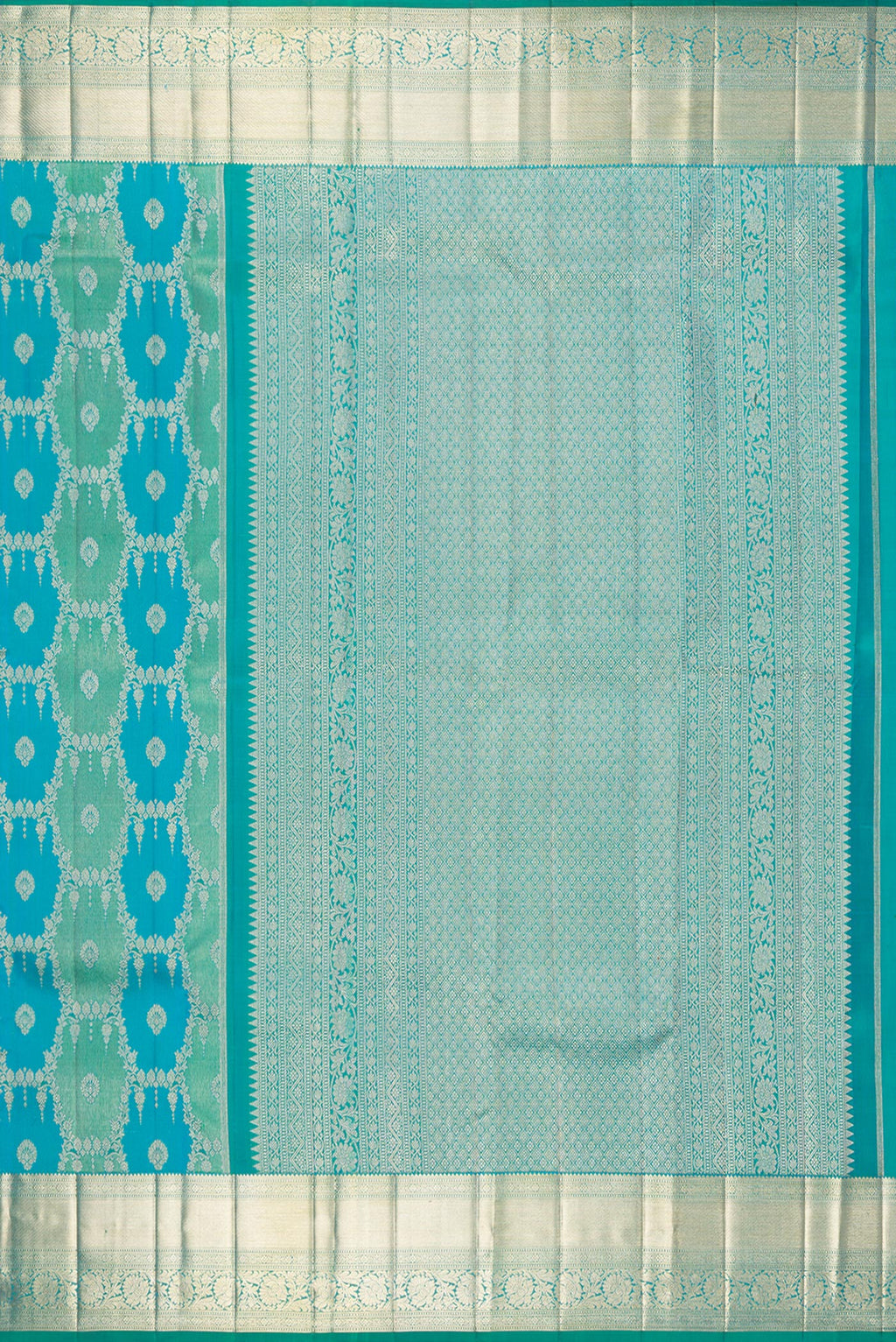 Close up image of the pallu of Pure Silk Sea Green and Peacock Blue Color Kanjivaram Saree with Zari Brocade on the body and Zari Border. 