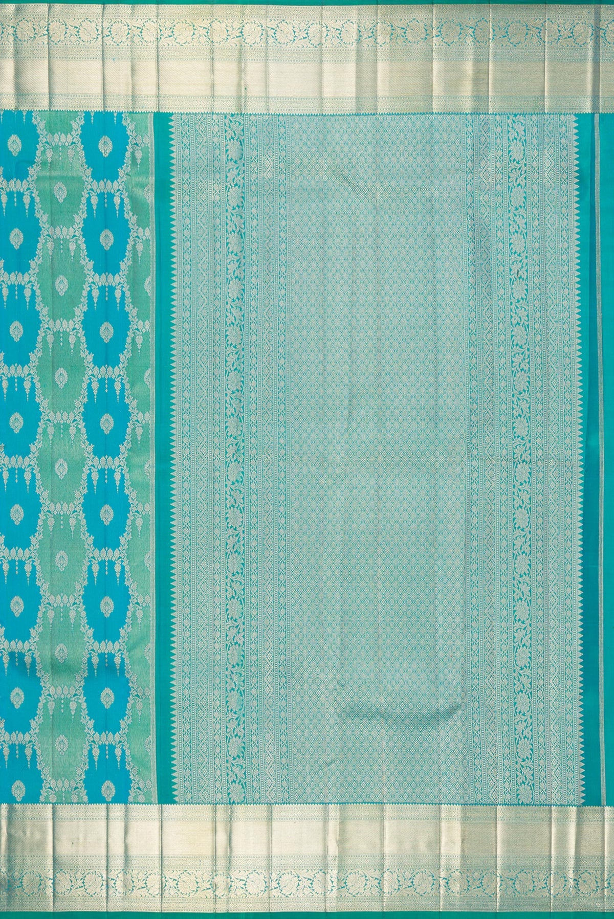 Close up image of the pallu of Pure Silk Sea Green and Peacock Blue Color Kanjivaram Saree with Zari Brocade on the body and Zari Border. 