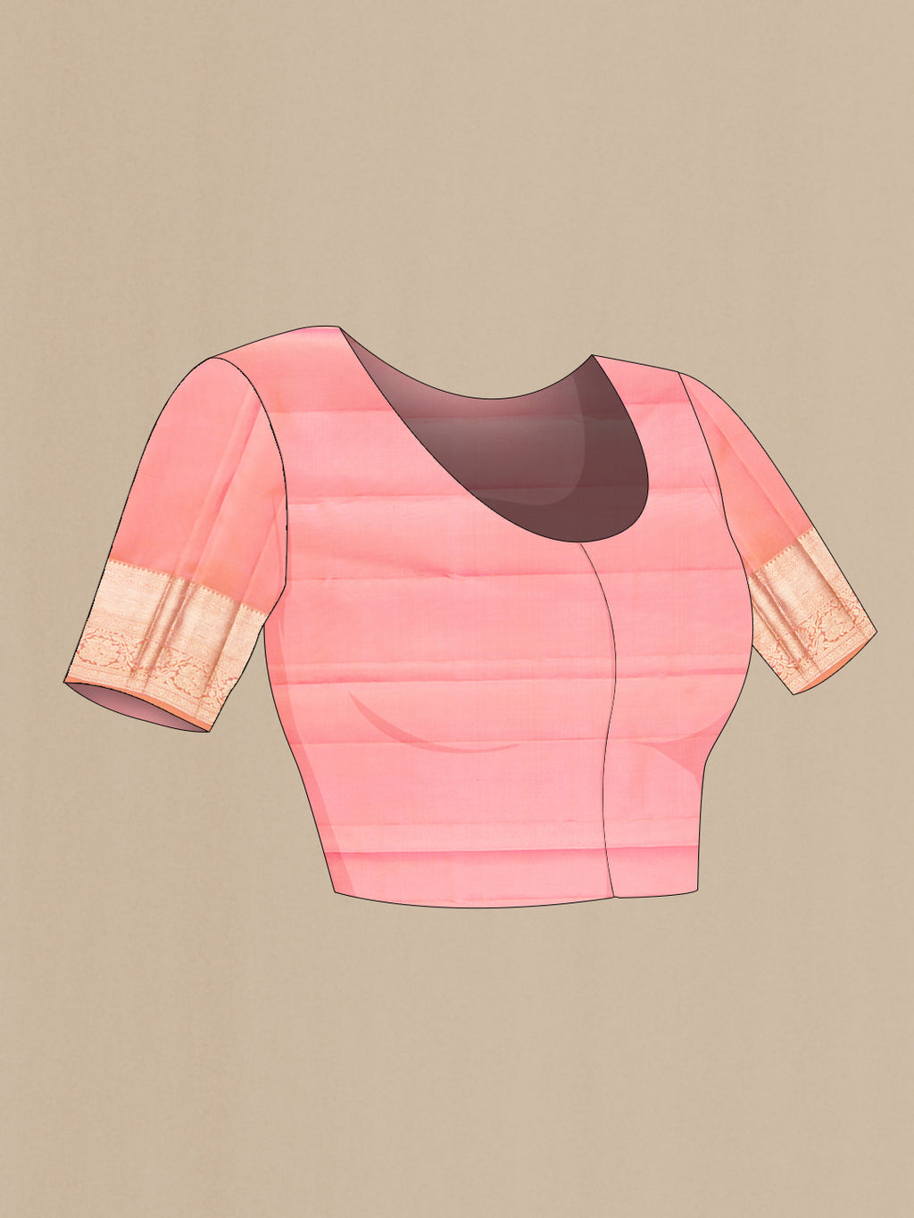 Close up image of the blouse of Pure Silk Pink and Peach Color Kanjivaram Saree with Zari Brocade on the body and Zari Border. 
