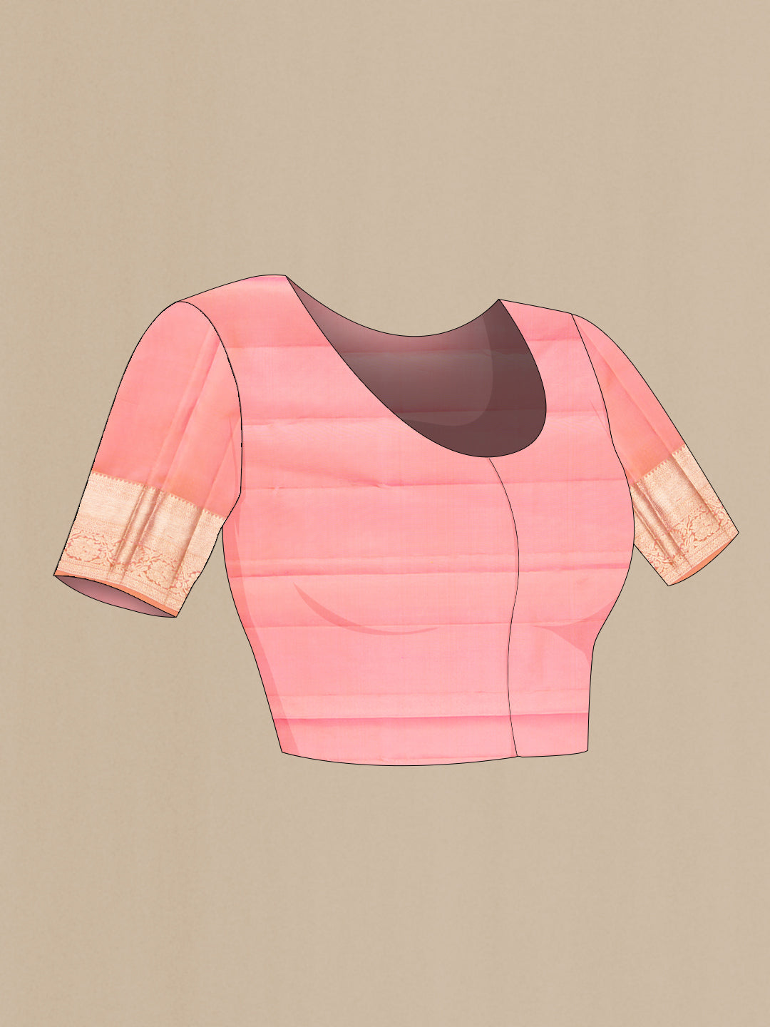 Close up image of the blouse of Pure Silk Pink and Peach Color Kanjivaram Saree with Zari Brocade on the body and Zari Border. 