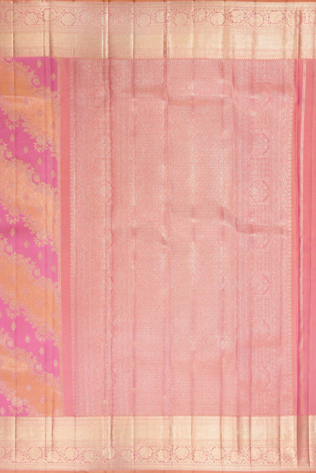 Close up image of the pallu of Pure Silk Pink and Peach Color Kanjivaram Saree with Zari Brocade on the body and Zari Border. 