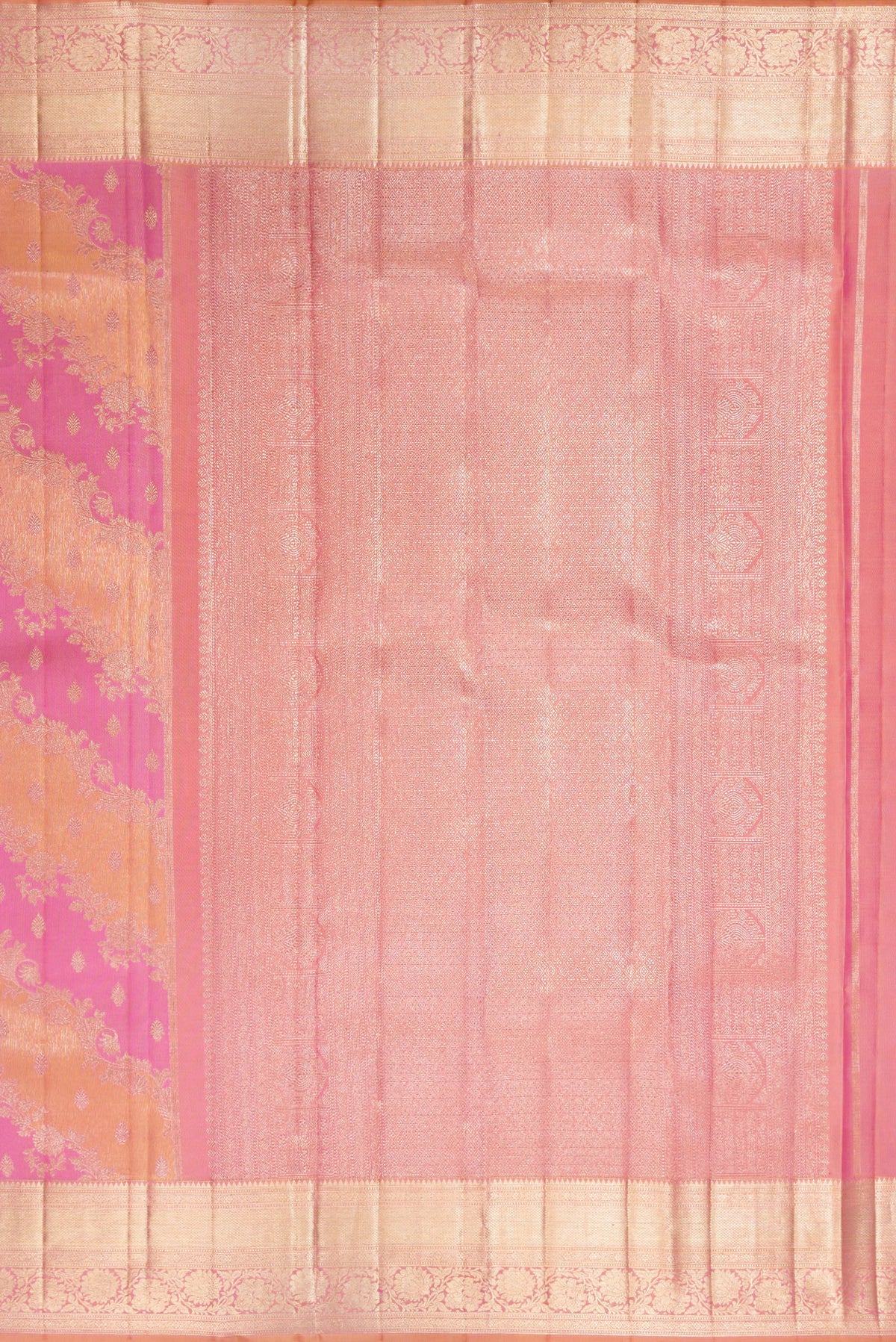 Close up image of the pallu of Pure Silk Pink and Peach Color Kanjivaram Saree with Zari Brocade on the body and Zari Border. 