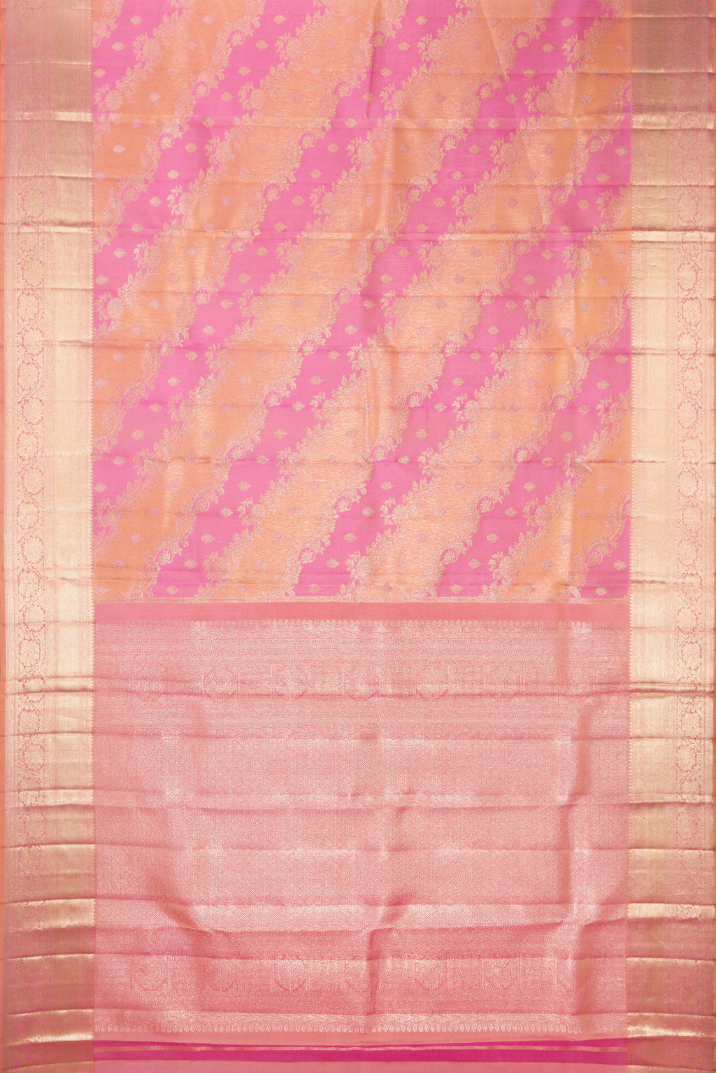 Flat view of Pure Silk Pink and Peach Color Kanjivaram Saree with Zari Brocade on the body and Zari Border. 