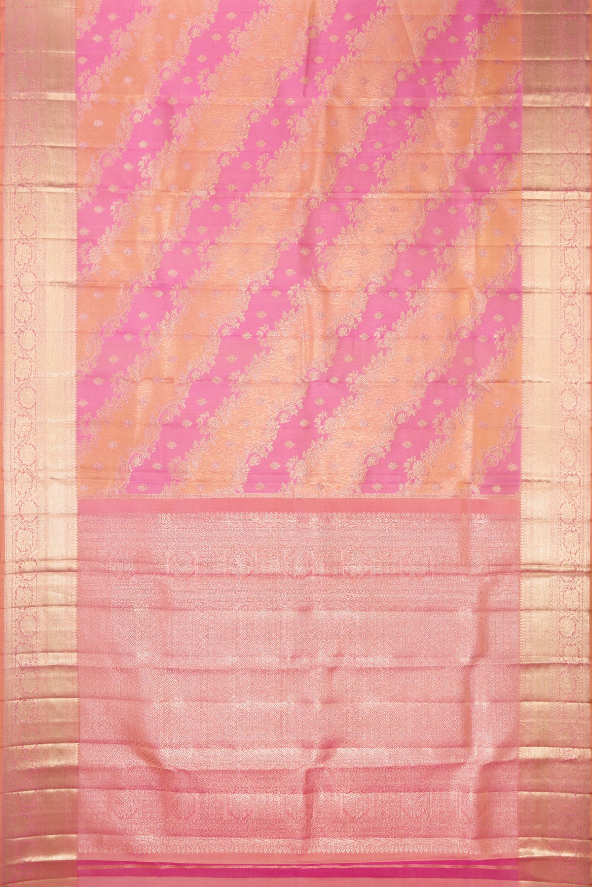 Flat view of Pure Silk Pink and Peach Color Kanjivaram Saree with Zari Brocade on the body and Zari Border. 