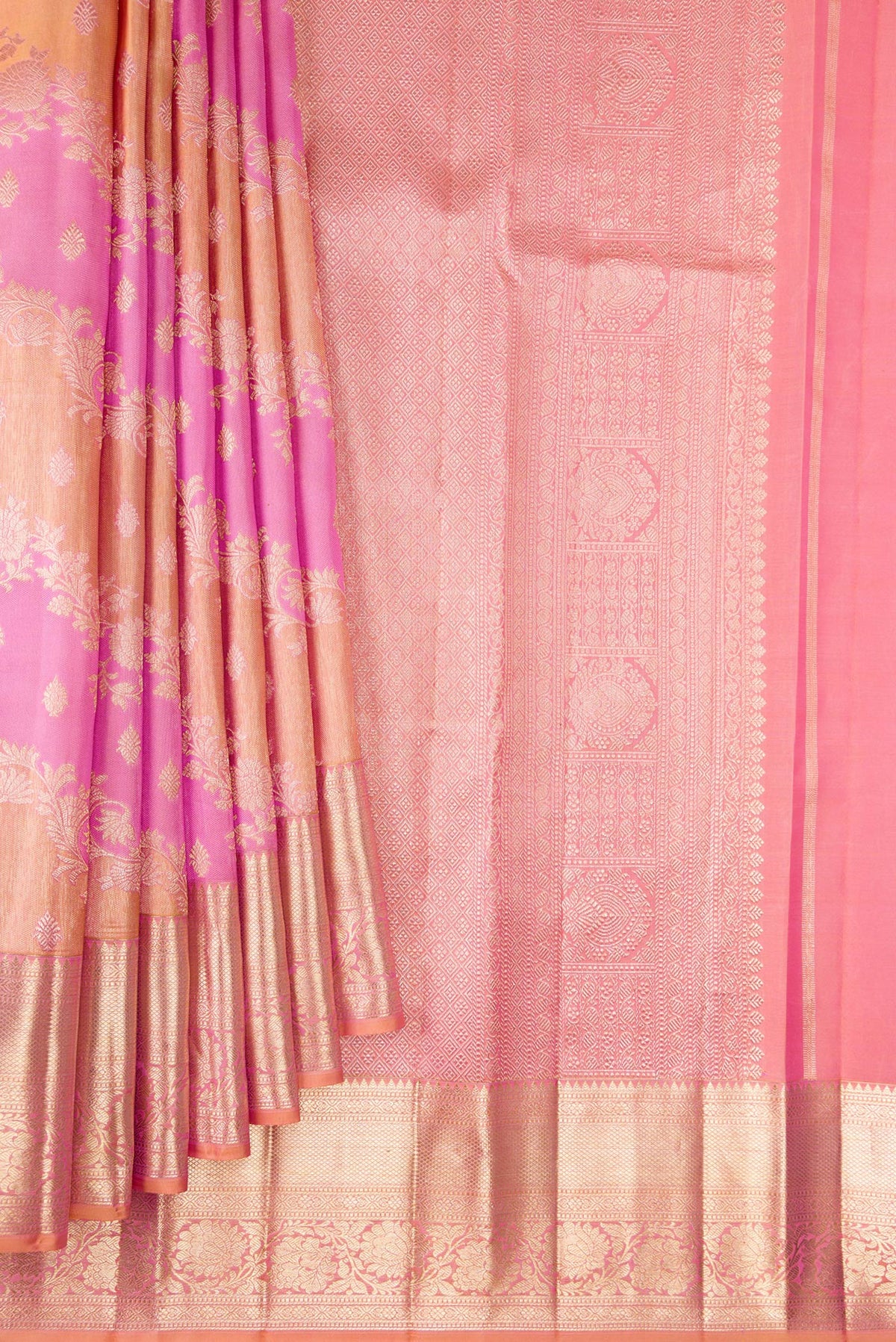 Pleats and pallu of Pure Silk Pink and Peach Color Kanjivaram Saree with Zari Brocade on the body and Zari Border. 