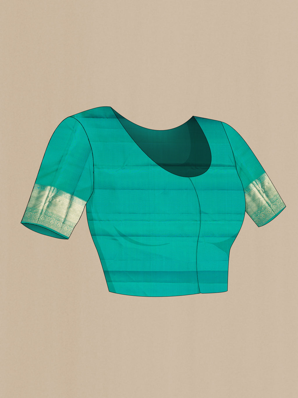 Close up image of the blouse of Pure Silk Sea Green Dual Tone Kanjivaram Saree with Zari Brocade on the body and Zari Border. 