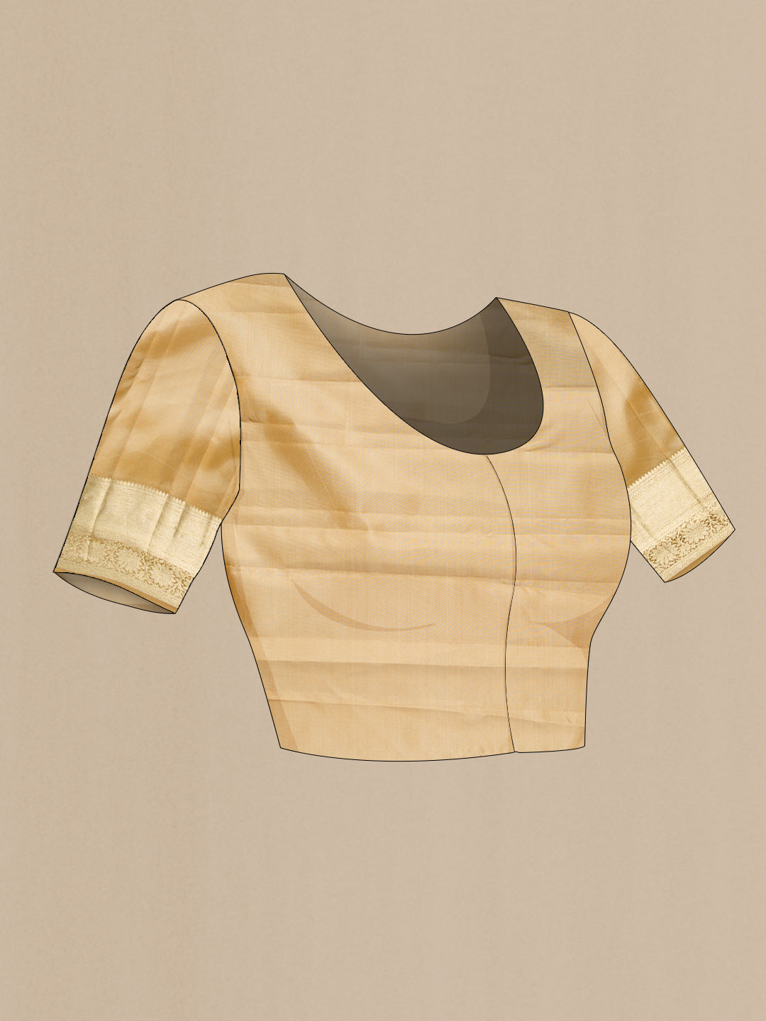 Close up image of the blouse of Pure Silk Dark Beige Dual Tone Kanjivaram Saree with Zari Brocade on the body and Zari Border. 