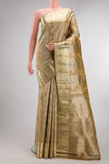 Pure Silk Dark Beige Dual Tone Kanjivaram Saree with Zari Brocade on the body and Zari Border.  displayed on a mannequin