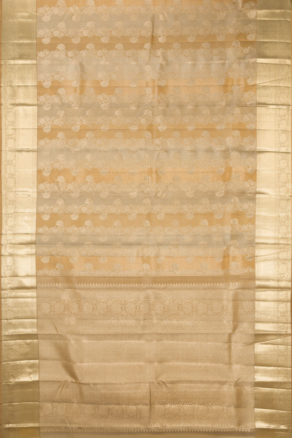 Flat view of Pure Silk Dark Beige Dual Tone Kanjivaram Saree with Zari Brocade on the body and Zari Border. 