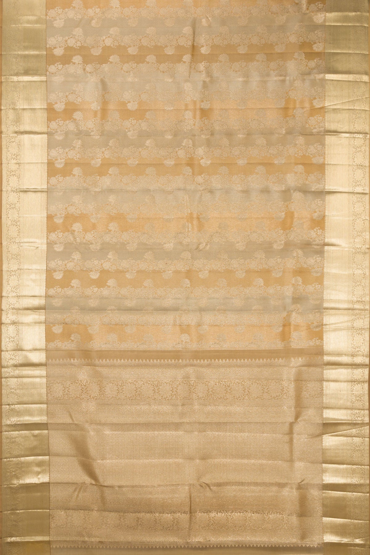 Flat view of Pure Silk Dark Beige Dual Tone Kanjivaram Saree with Zari Brocade on the body and Zari Border. 