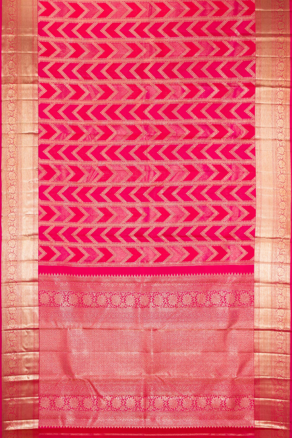 Flat view of Pure Silk Dark Pink Kanjivaram Saree with Zari Brocade on the body and Zari Border. 