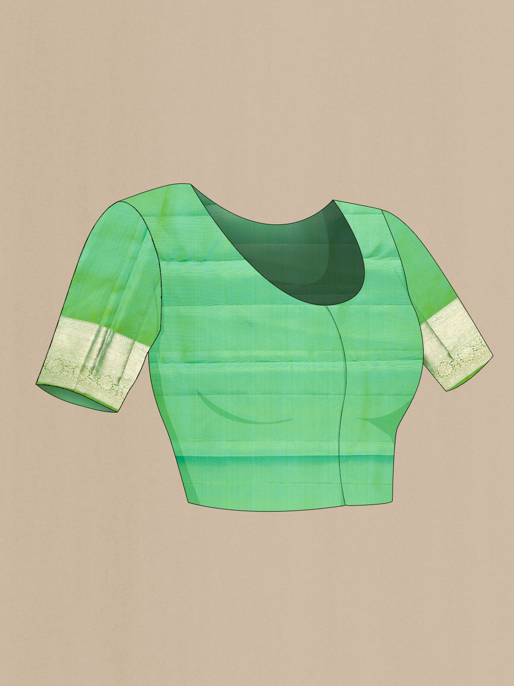 Close up image of the blouse of Pure Silk Green Dual Tone Kanjivaram Saree with Zari Brocade on the body and Zari Border. 