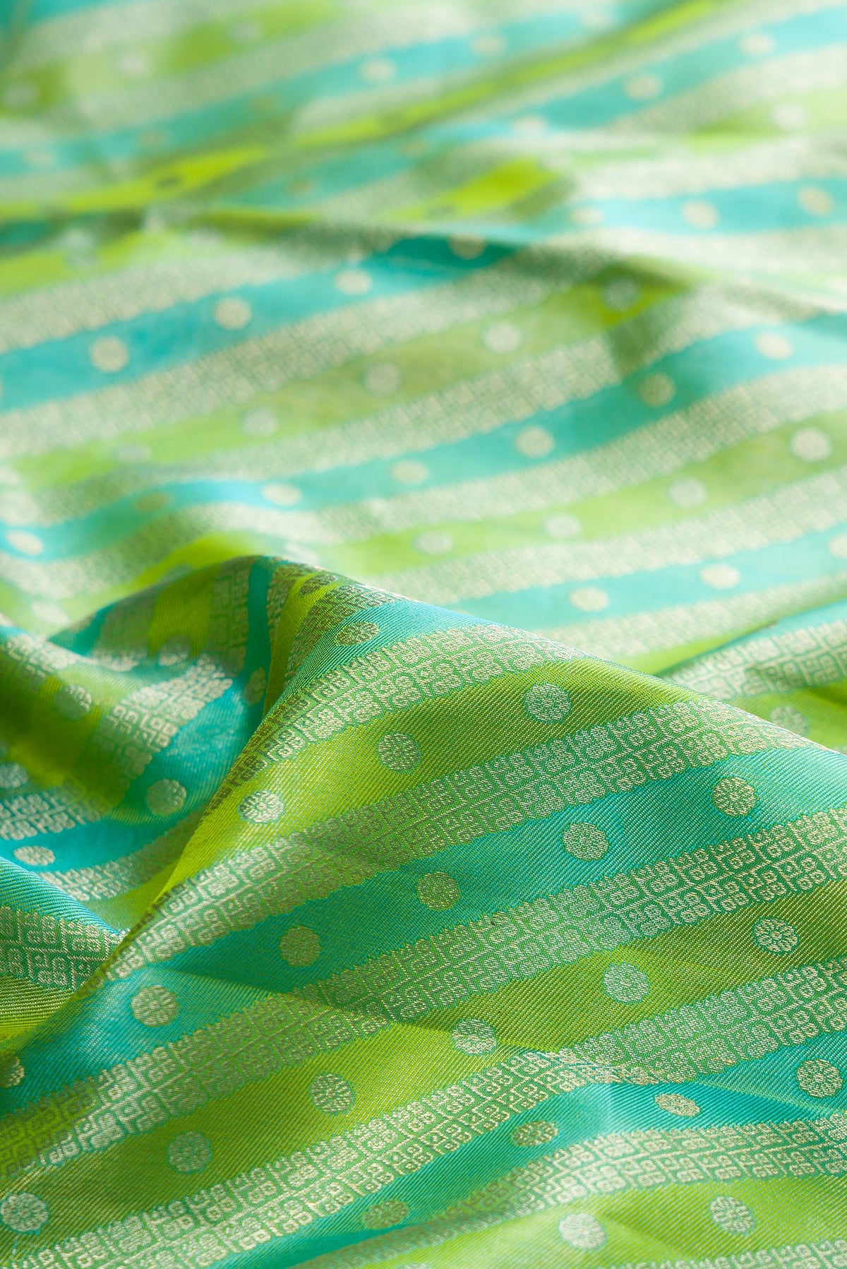 Close up of Pure Silk Green Dual Tone Kanjivaram Saree with Zari Brocade on the body and Zari Border.  displaying folds
