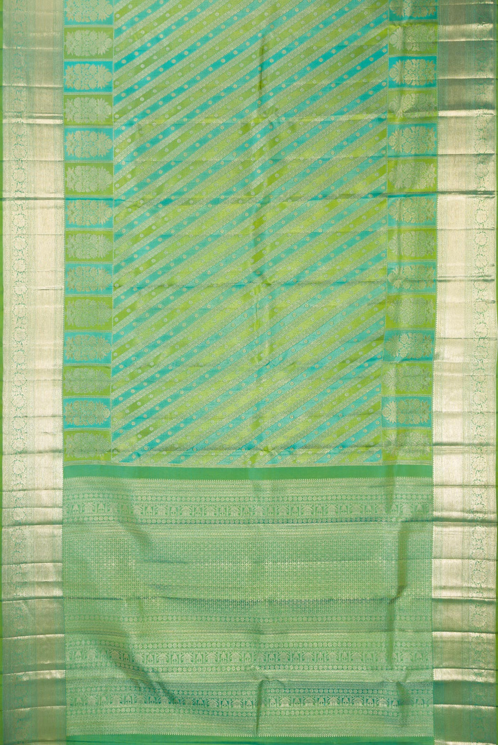 Flat view of Pure Silk Green Dual Tone Kanjivaram Saree with Zari Brocade on the body and Zari Border. 