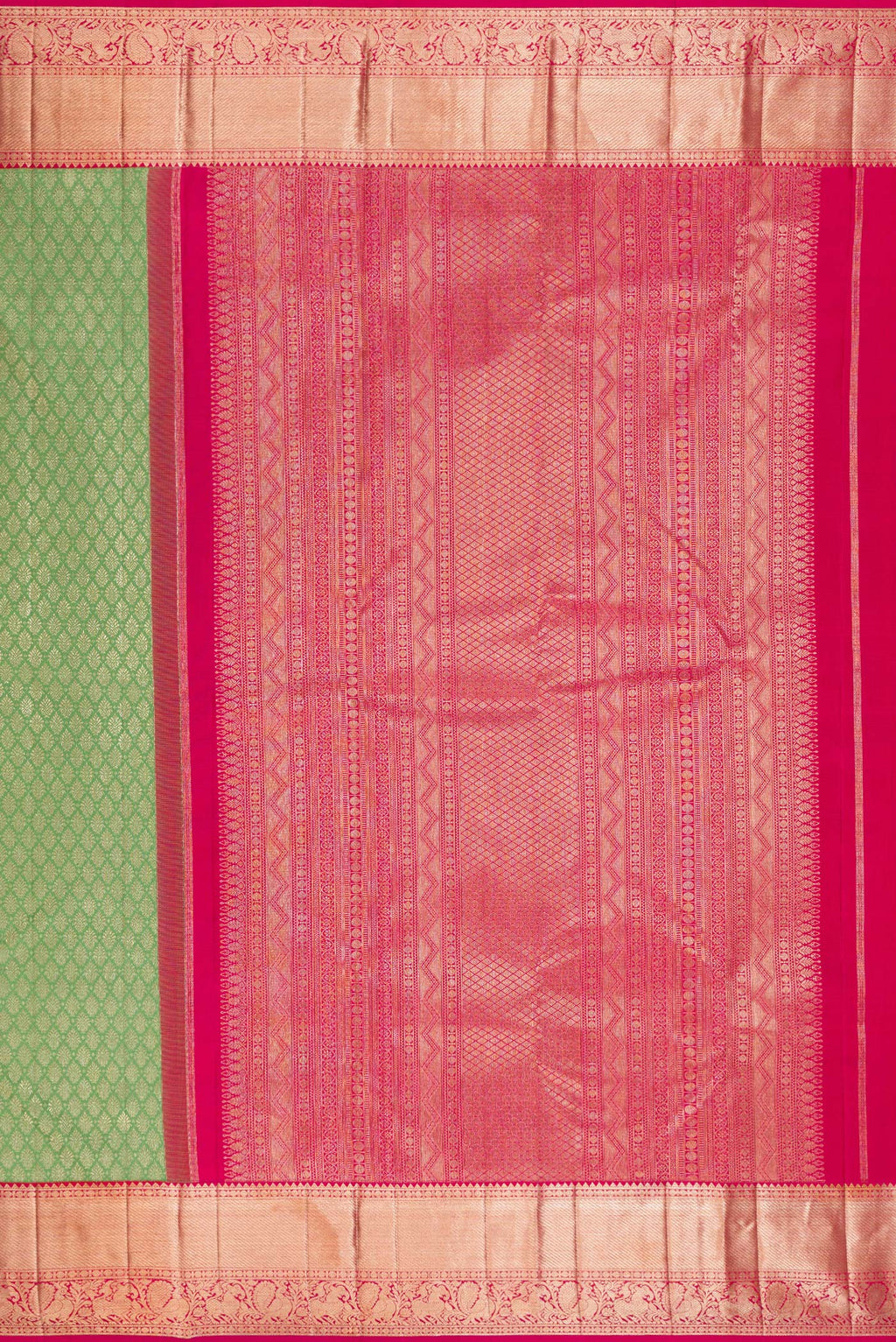 Close up image of the pallu of Pure Silk Pista Green Kanjivaram Saree with Zari Brocade on the body and Zari Border. 