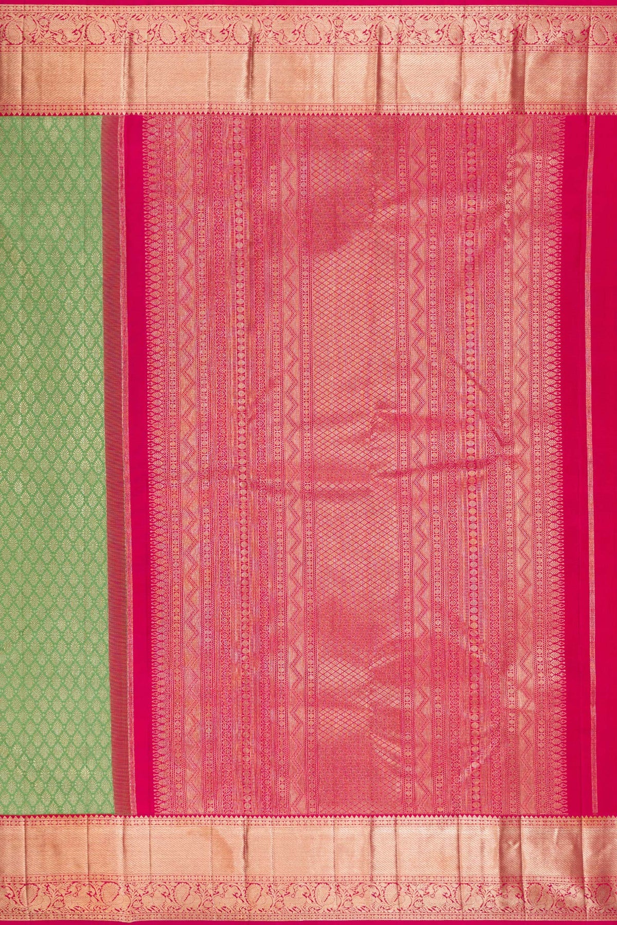 Close up image of the pallu of Pure Silk Pista Green Kanjivaram Saree with Zari Brocade on the body and Zari Border. 