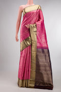 Pure Silk Pink Kanjivaram Saree with Zari Brocade on the body and Zari Border.  displayed on a mannequin