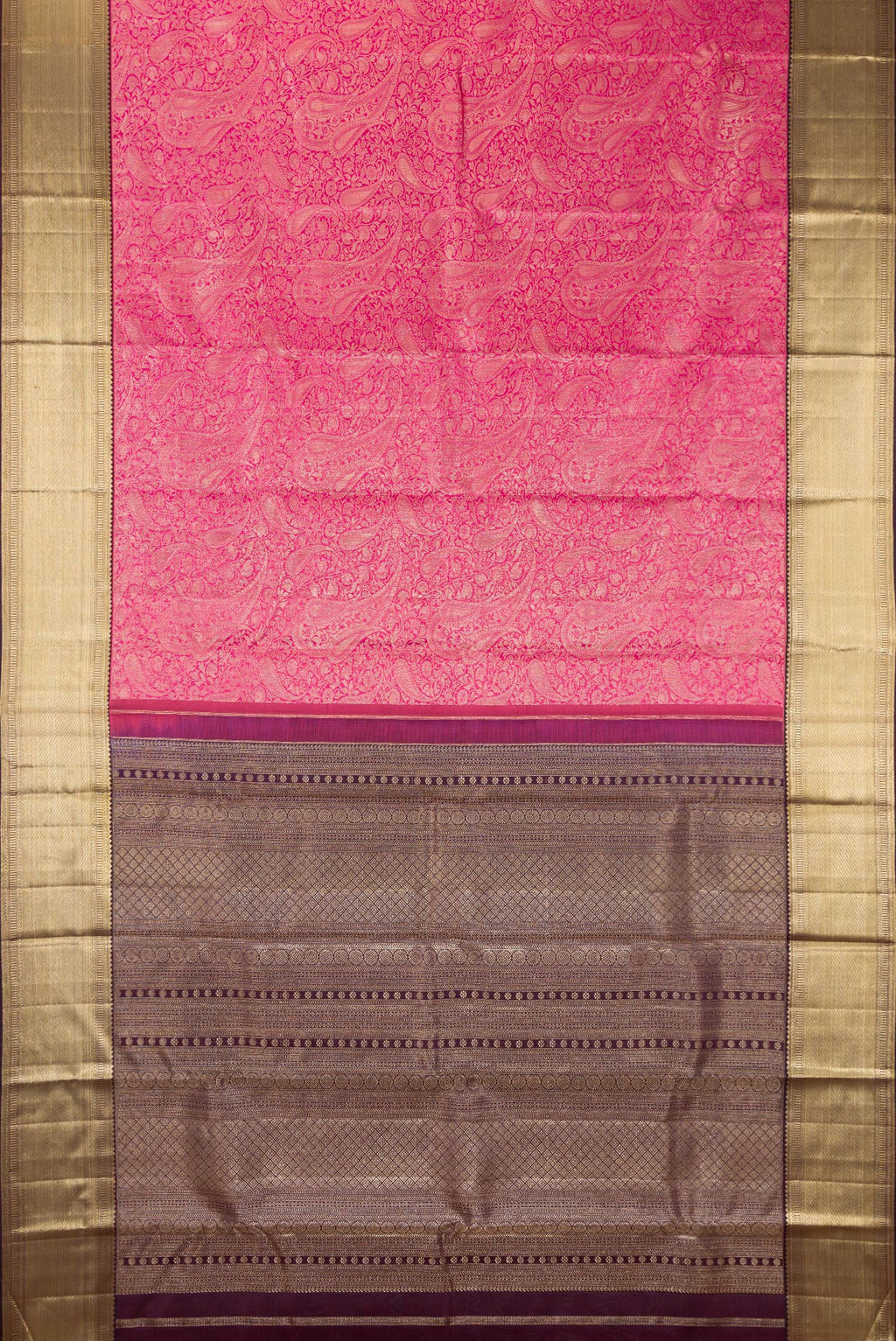 Flat view of Pure Silk Pink Kanjivaram Saree with Zari Brocade on the body and Zari Border. 