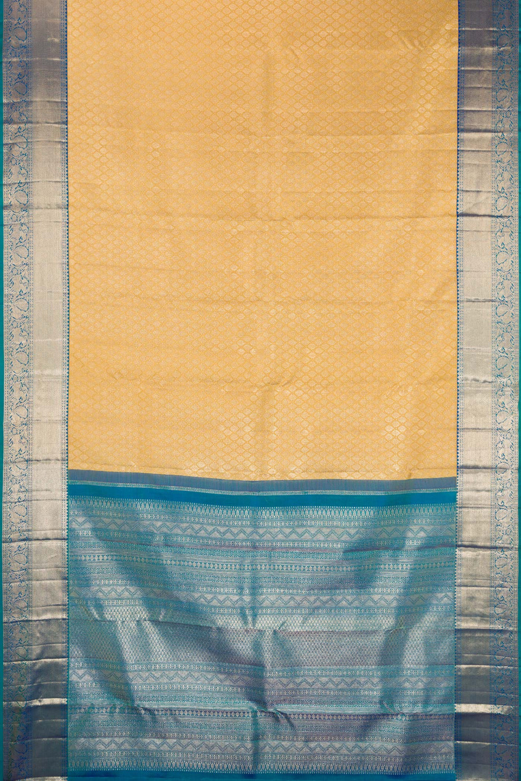 Flat view of Pure Silk Sandal Dual Tone Kanjivaram Saree with Zari Brocade on the body and Zari Border. 
