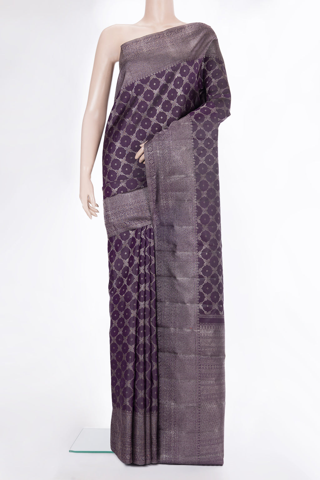 Pure Silk Burgundy Dual Tone Kanjivaram Saree with Zari Brocade on the body and Fancy Border.  displayed on a mannequin