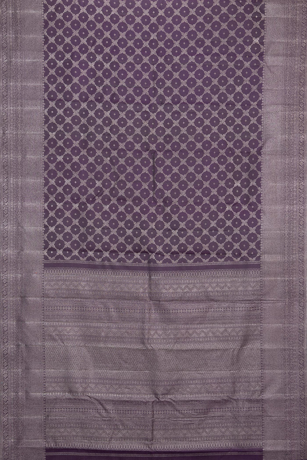 Flat view of Pure Silk Burgundy Dual Tone Kanjivaram Saree with Zari Brocade on the body and Fancy Border. 