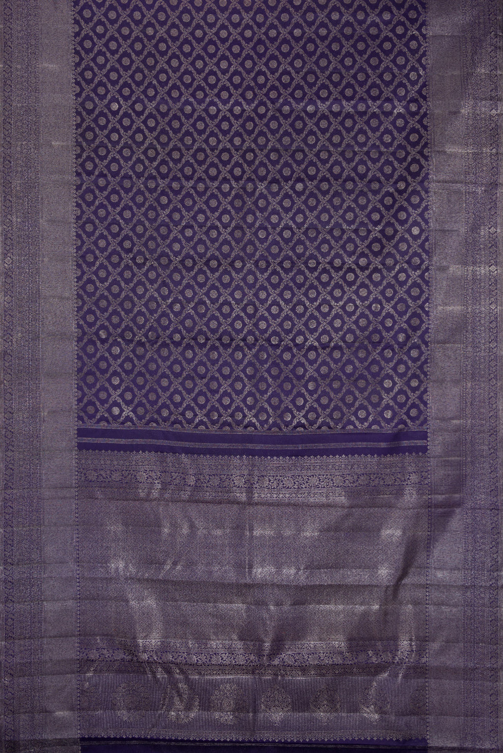Flat view of Pure Silk Navy Blue Kanjivaram Saree with Zari Brocade on the body and Fancy Border. 