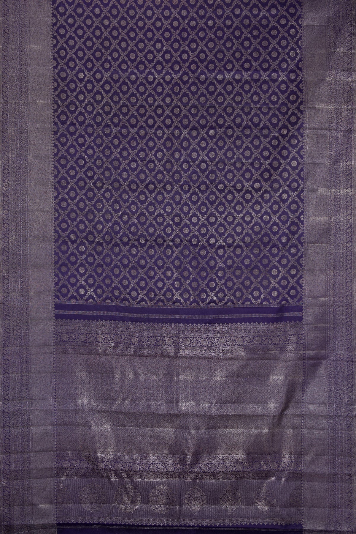 Flat view of Pure Silk Navy Blue Kanjivaram Saree with Zari Brocade on the body and Fancy Border. 